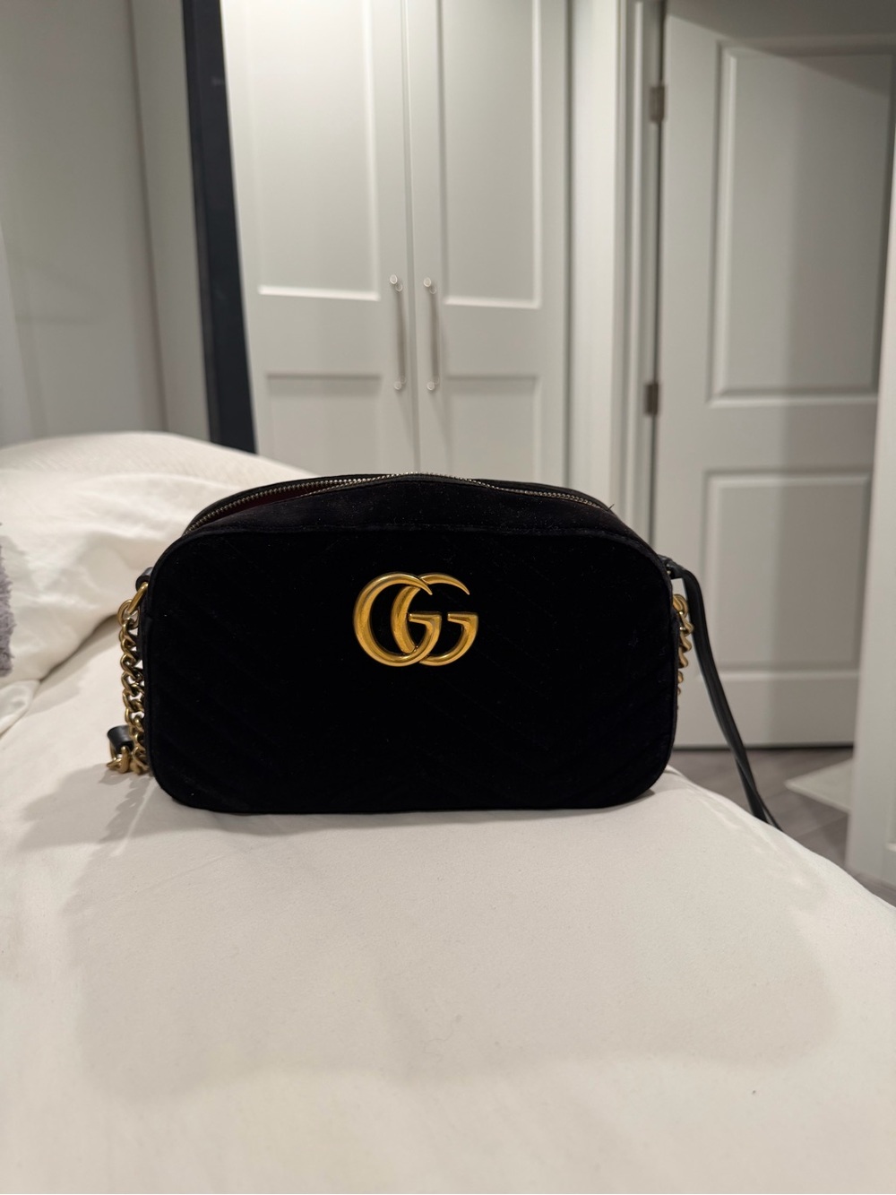 Gucci Black Velvet GG Marmont Crossbody with Gold Hardware